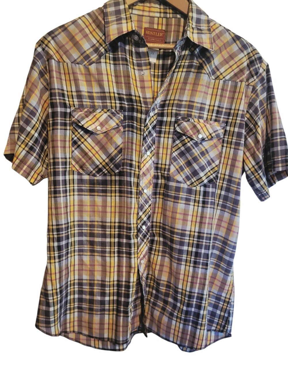 Vintage 90s Rustler Pearl Snap Shirt Mens XL Yellow Blue Plaid Short sleeve